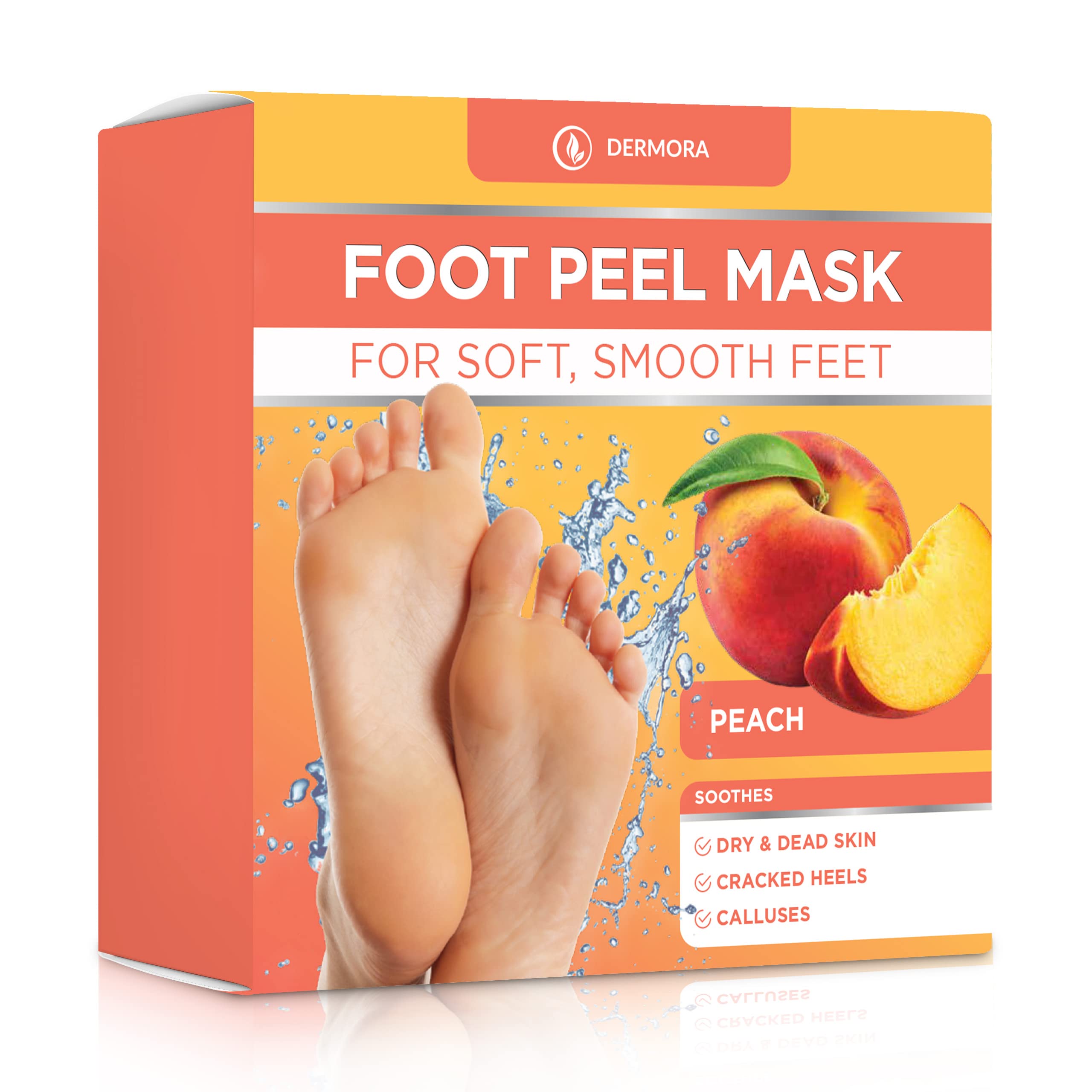 DERMORA Foot Peel Mask - 2 Pack of Regular Size Skin Exfoliating Foot Masks for Dry, Cracked Feet, Callus, Dead Skin Remover - Feet Peeling Mask for baby soft feet, Peach Scent