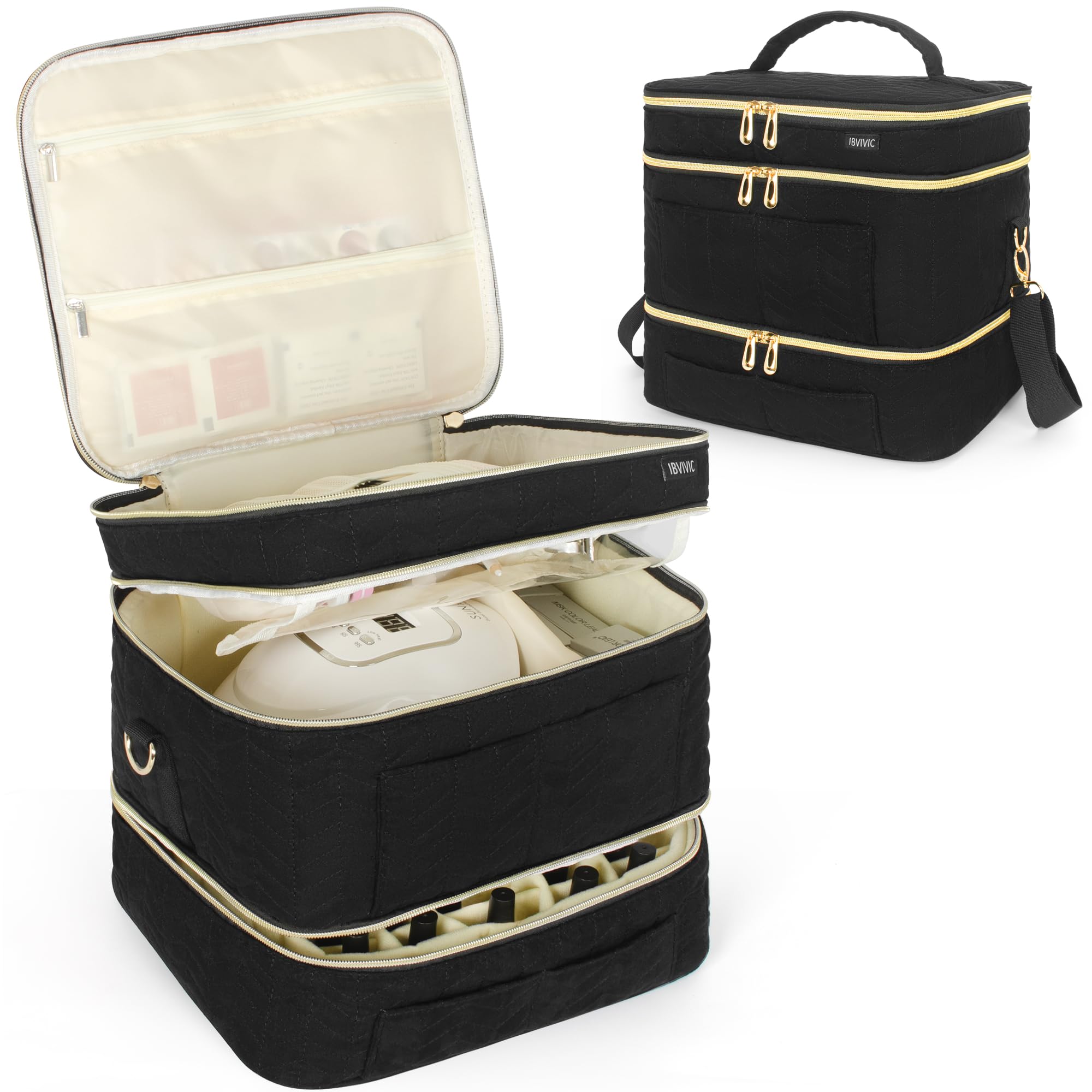 IBVIVIC Nail Polish Organizer Holds 40 Bottles (15ml/0.5 fl.oz) 3 Layers Nail Polish Case Travel Bag for Nail Lamp Manicure Set, Black