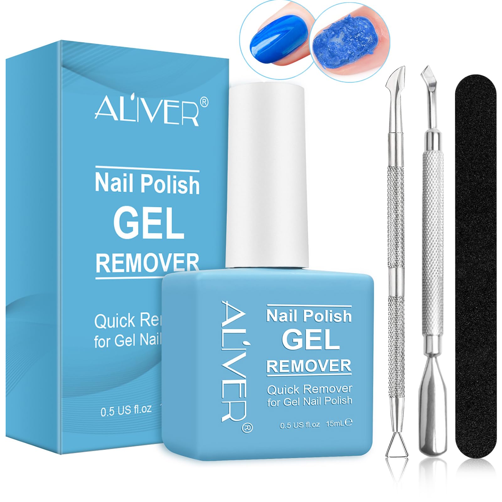 Gel Nail Polish Remover, Nail Polish Remover for Gel Nails with 1Pcs Cuticle Pusher, Nail Scraper & Scrub Stick, Ultra-Powerful Professional Nail Polish Remover, Soak-Off Gel Polish in 2-5 Minutes
