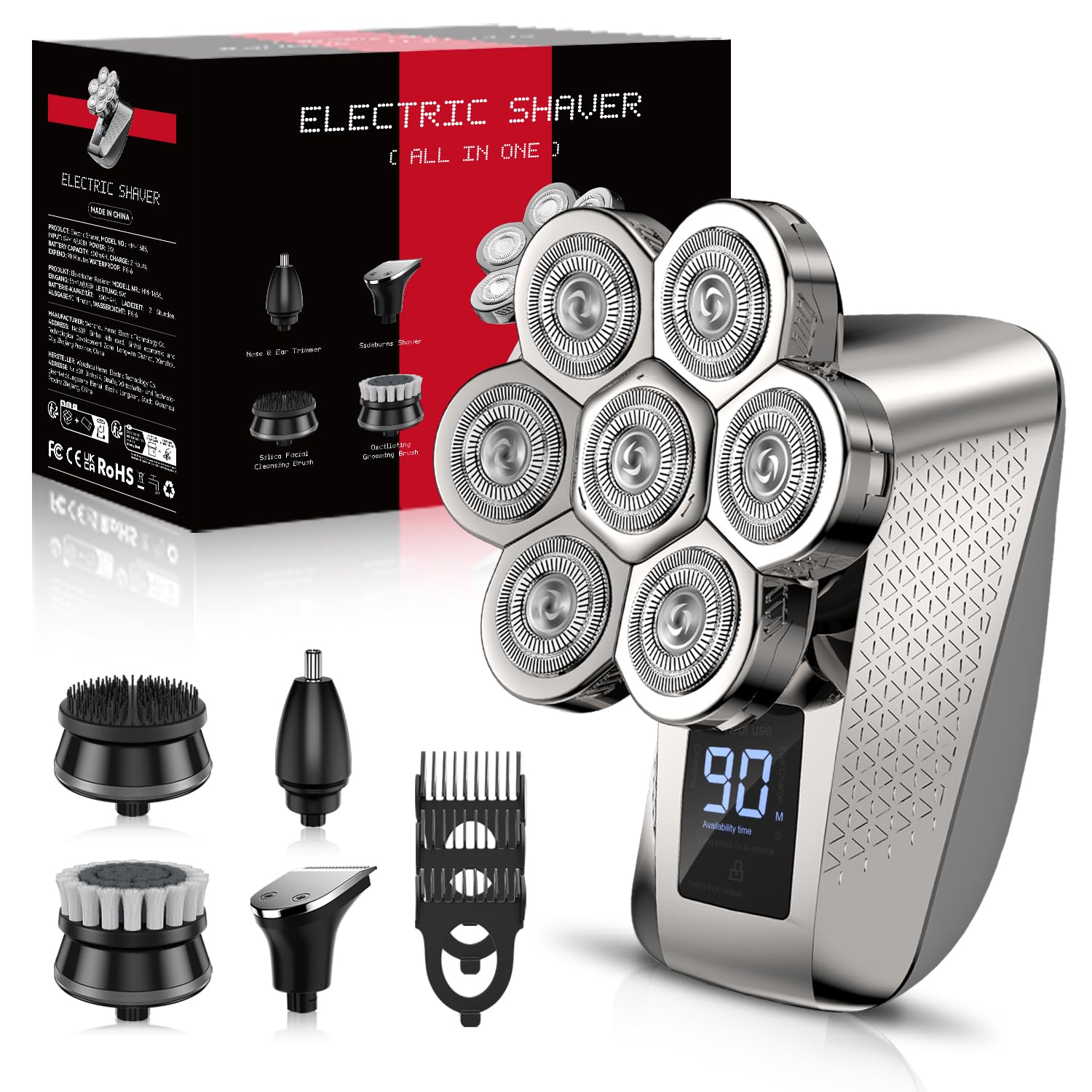 PEACEONE Head Shavers for Bald Men, IPX7 Waterproof Shaver, 7D Rechargeable Rotary Shaver, 5 in 1 Grooming Kit for Men, Wet/Dry Shaver Hair Trimmer with LED Display, USB Charging, Storage Bag-Silver