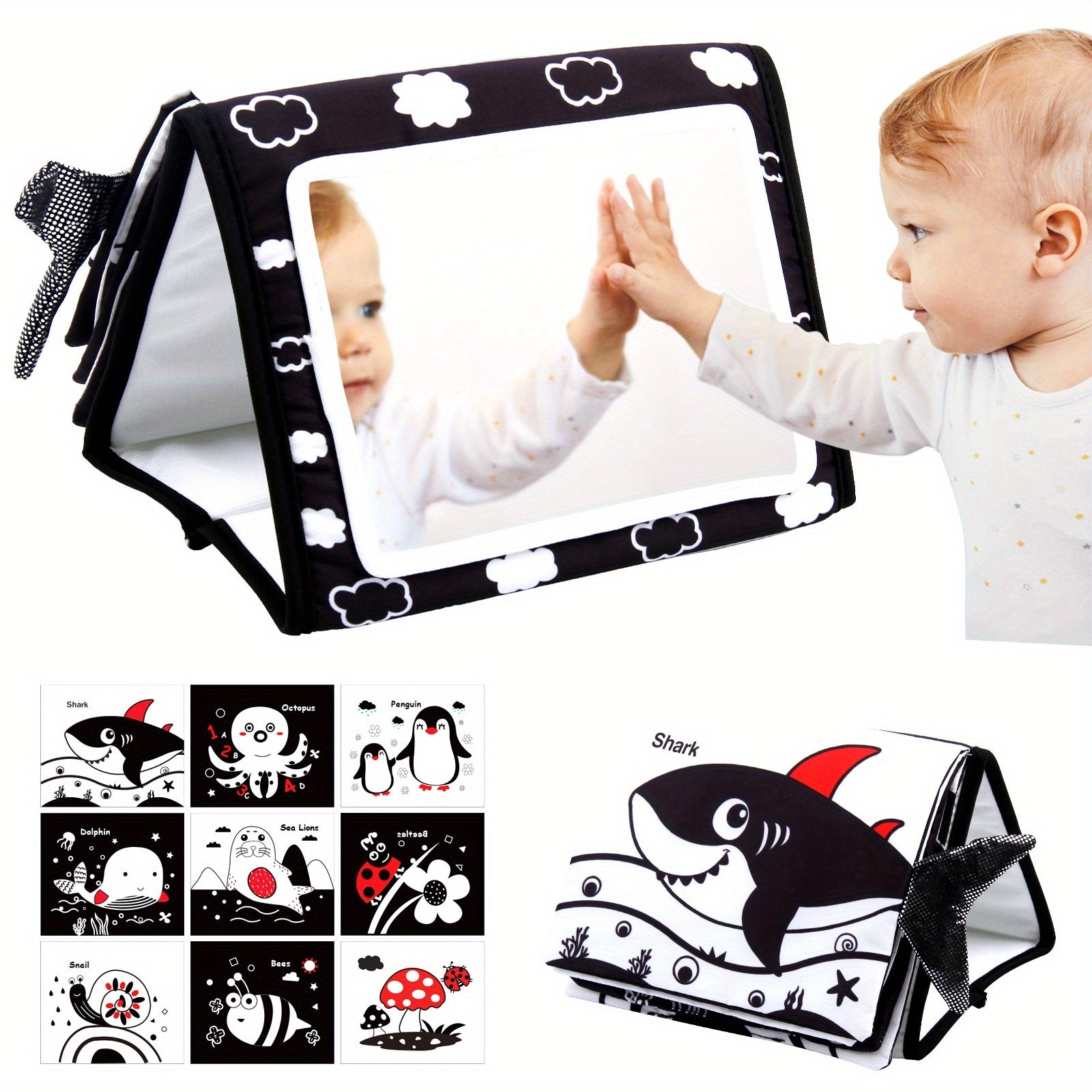 Boost Your Baby's Development - Tummy Time Floor Mirror with High Contrast Black & White Toys & Crinkle Cloth Books!