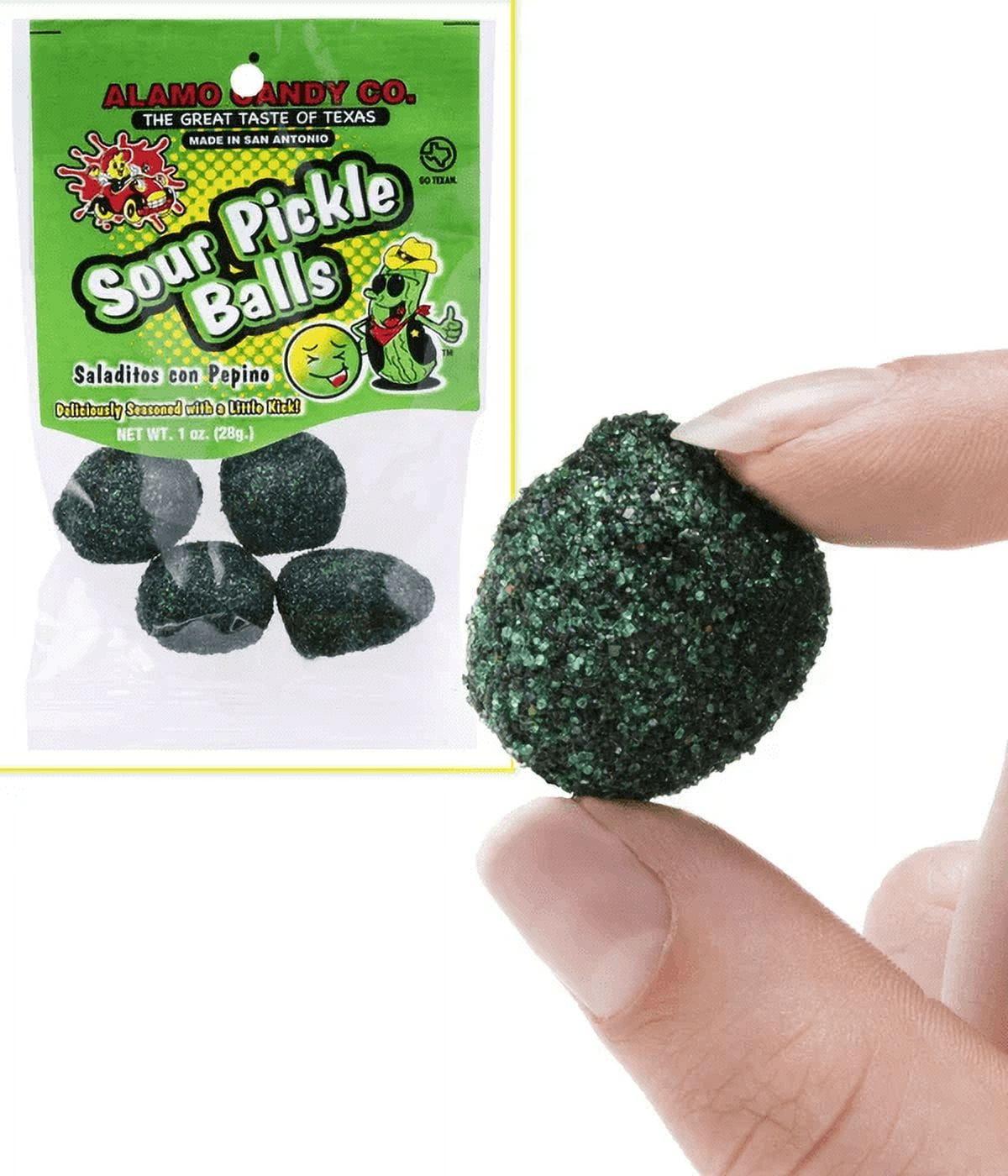 8 Piece(s) Sour Pickle Balls- Intense candies with a pungent sour pickle flavor.