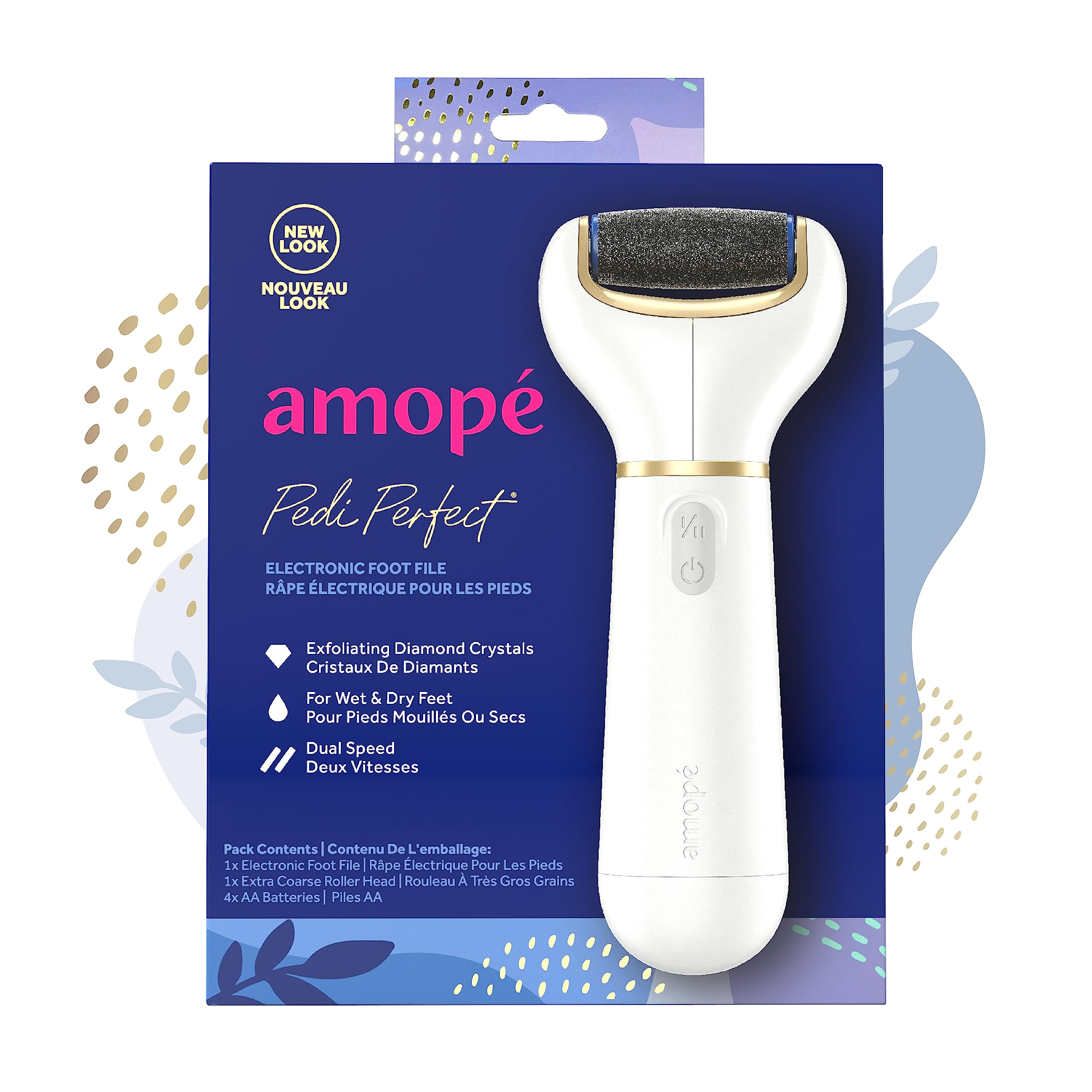 Amope Pedi Perfect Electronic Dry Foot File (Blue/Pink), Regular Coarse Roller Head with Diamond Crystals for Feet, Removes Hard and Dead Skin – 1 Count (Packaging May Vary)