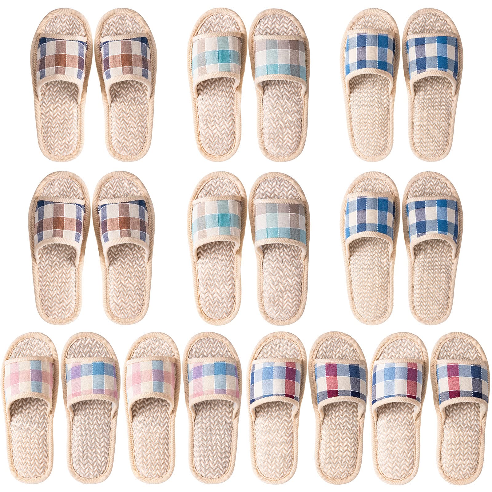 10 Pair House Slippers for Guests Open Toe Breathable Slippers Washable Reusable Home Slippers Indoor Hotel Family Travel Unisex Non Slip Casual Spa Slippers, Plaid Style, 4 Large Size + 6 Medium Size