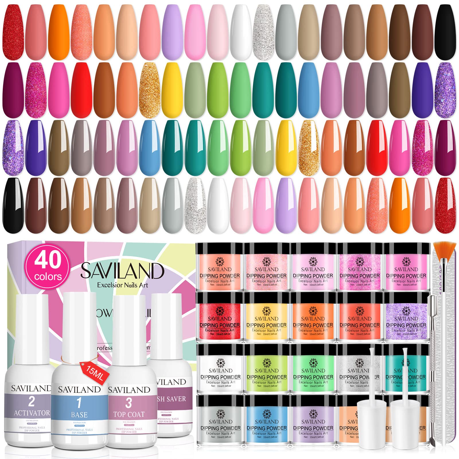 Saviland 49Pcs Dip Powder Nail Kit - 40 Colors All Season Dip Powder Nail Dip Powder Kit with 4*15ml Dip Liquid Set Base & Top Coat Activator Brush Saver Nail Art Tools for Nail Salon Home DIY