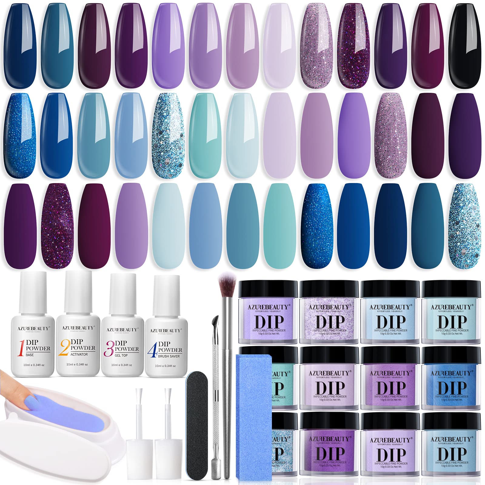 AZUREBEAUTY 31Pcs Dip Powder Nail Kit Starter, 20 Colors Purple Blue Glitter Dipping Powder Recycling Tray Essential Liquid Set Base Top Coat Activator French Dip Nails Art Manicure Beginner Salon