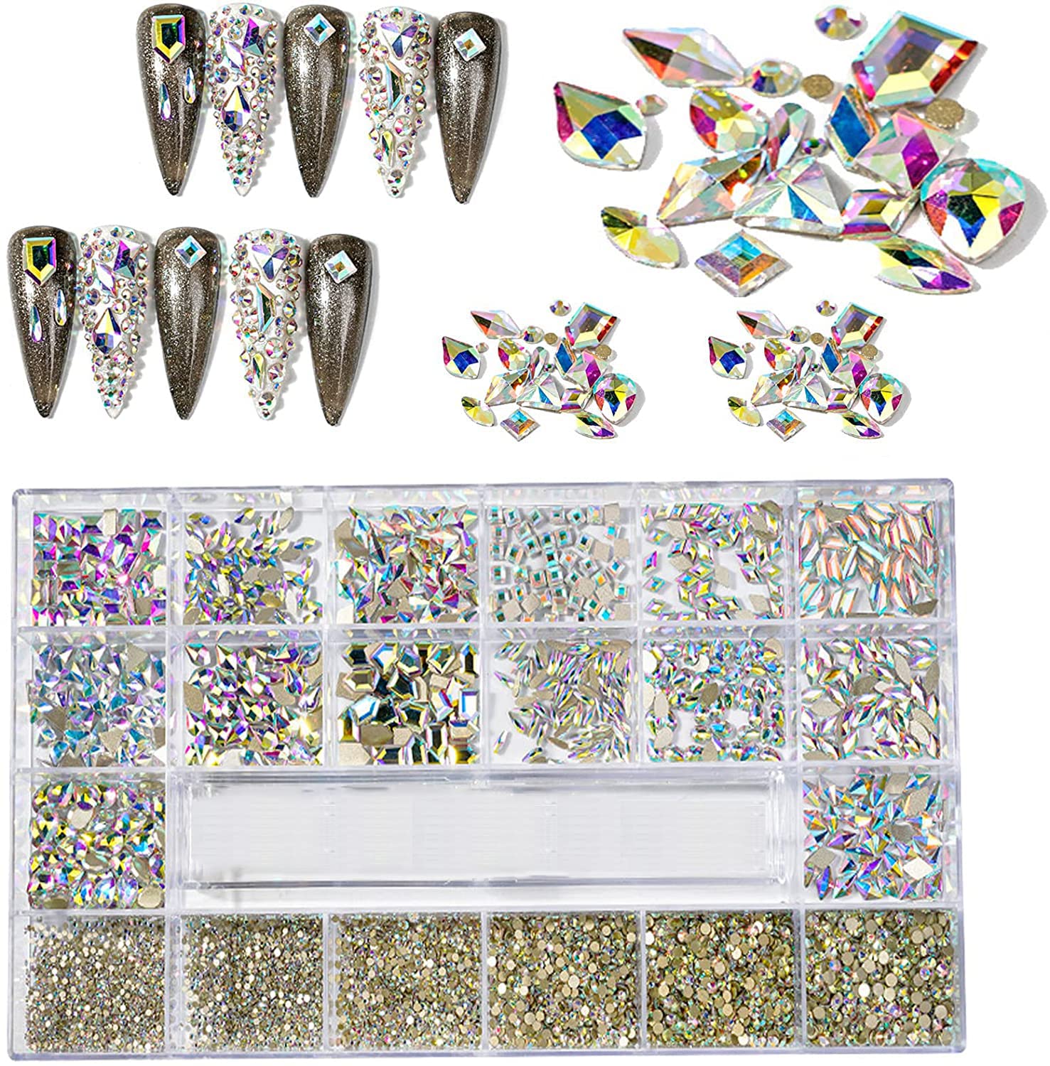 7900Pcs AB Crystal Nail Rhinestones, HOINCO Nail Art Rhinestones Round Beads Flatback Glass Gems Stones, Multi Shapes Rhinestones Nail Art 3D Crystals for Nail DIY
