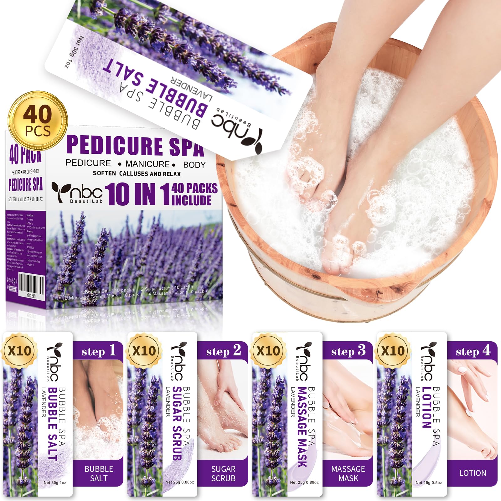 nbc BeautiLab 40 PCS Foot Soak, Pedicure Kit Foot Soak Set With Bubble Salt, Sugar Scrub, Massage Mask, Massage Lotion In a Box 4 Step Foot Spa Kit For Dry Cracked Feet, Tired Feet,10 Set Lavender
