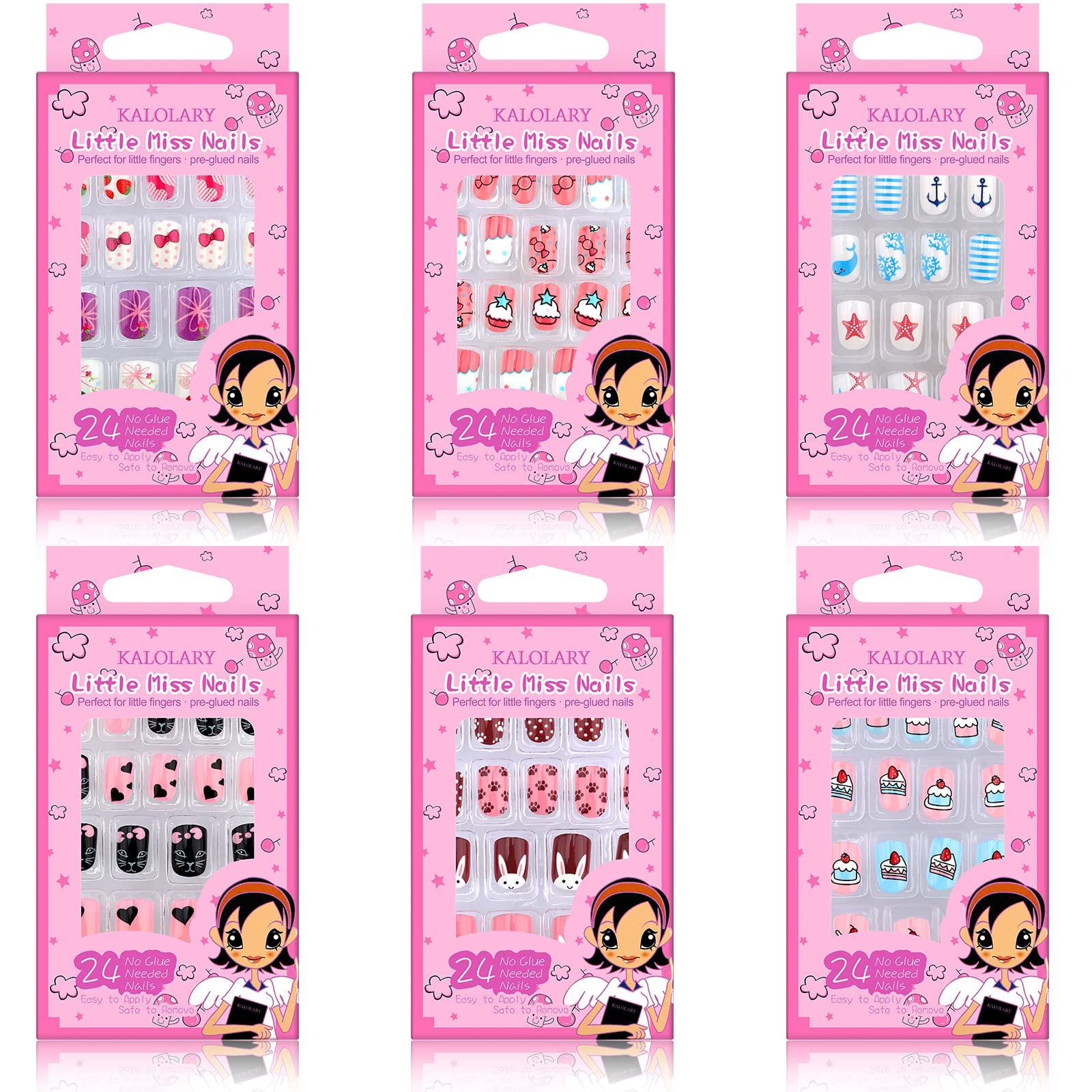 Kalolary 144 PCS Kids False Nail for Girls Gift, Press on Nail Color Short Fake Nails Artificial Nail Full Tips, Lovely Valentine's Day Gift for Little Girls Nail Art Decoration (6 Pack)