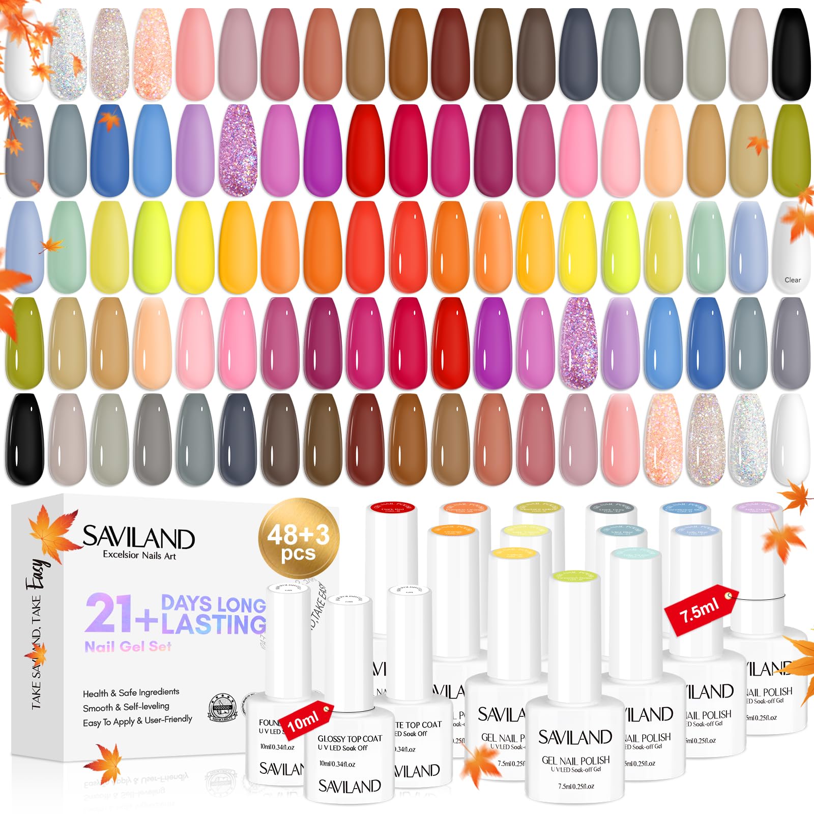 SAVILAND 48+3 Color Gel Nail Polish Set - Nail Gel Polish Set With Base and Glossy & Matte Top Gel Pure & Translucent & Glitter Soak Off Nail Art Gel All-In-One Starter Set for DIY Home & Salon