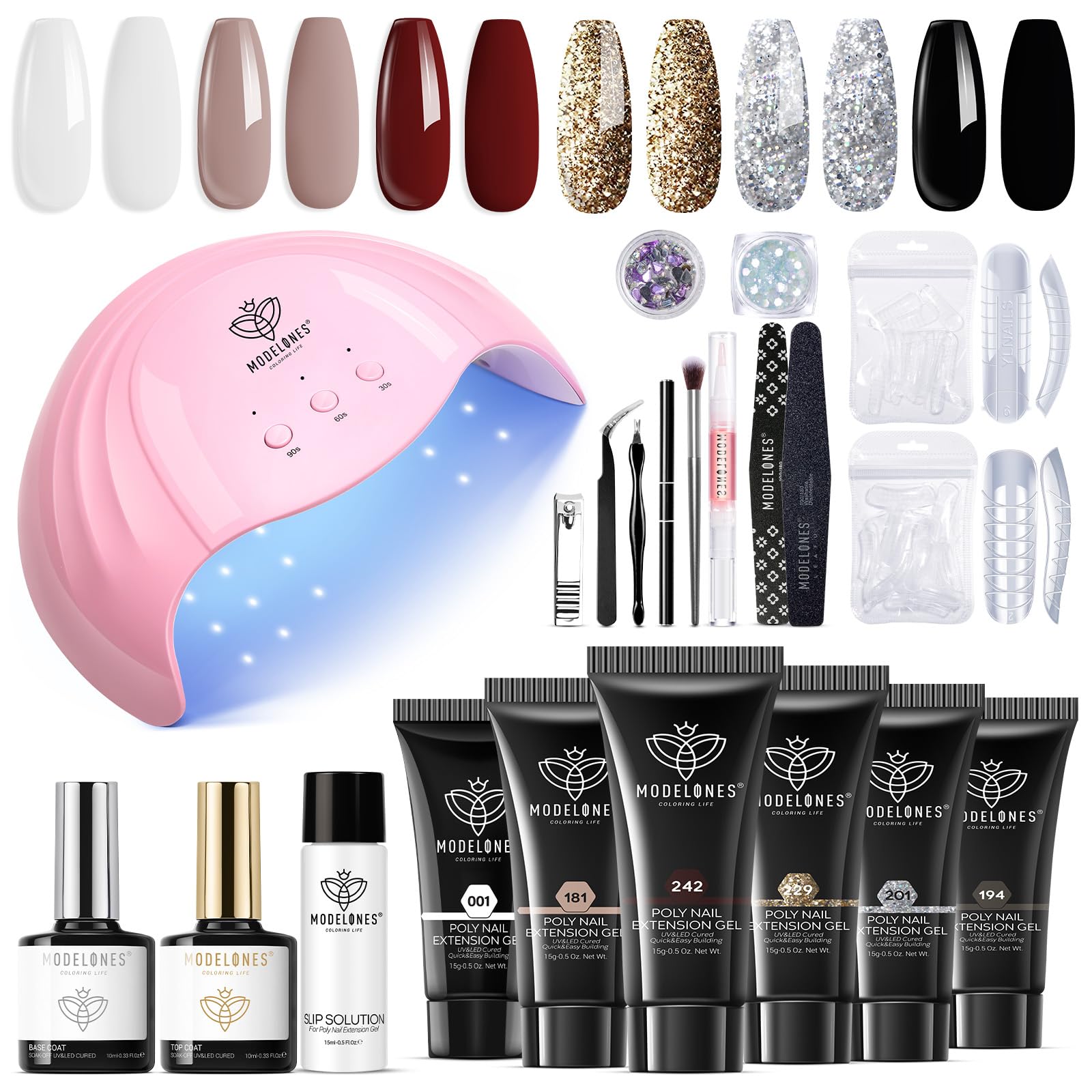 Modelones Poly Nail Gel Kit - Nail Extension Gel Kit 6 Colors with 48W Nail Lamp Slip Solution Rhinestone Glitter All In One Kit for Nail Manicure Beginner Starter Kit DIY at Home Kit Gift