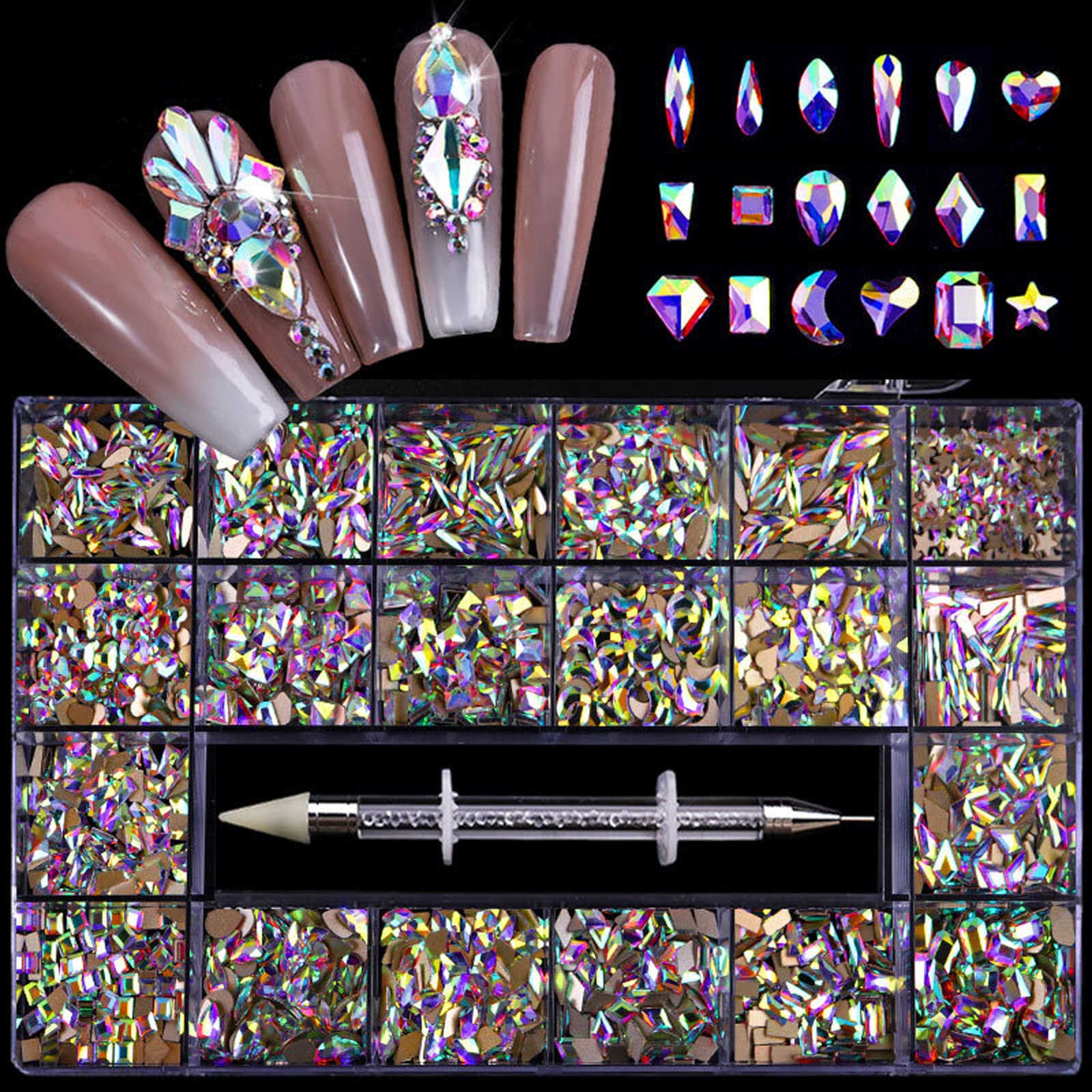 Nail Art Rhinestones, Nail Gems and Rhinestones Kit with Wax Pencil Flatback AB Rhinestones for Nails, Crafts, Makeup, Face, Clothes, Shoes