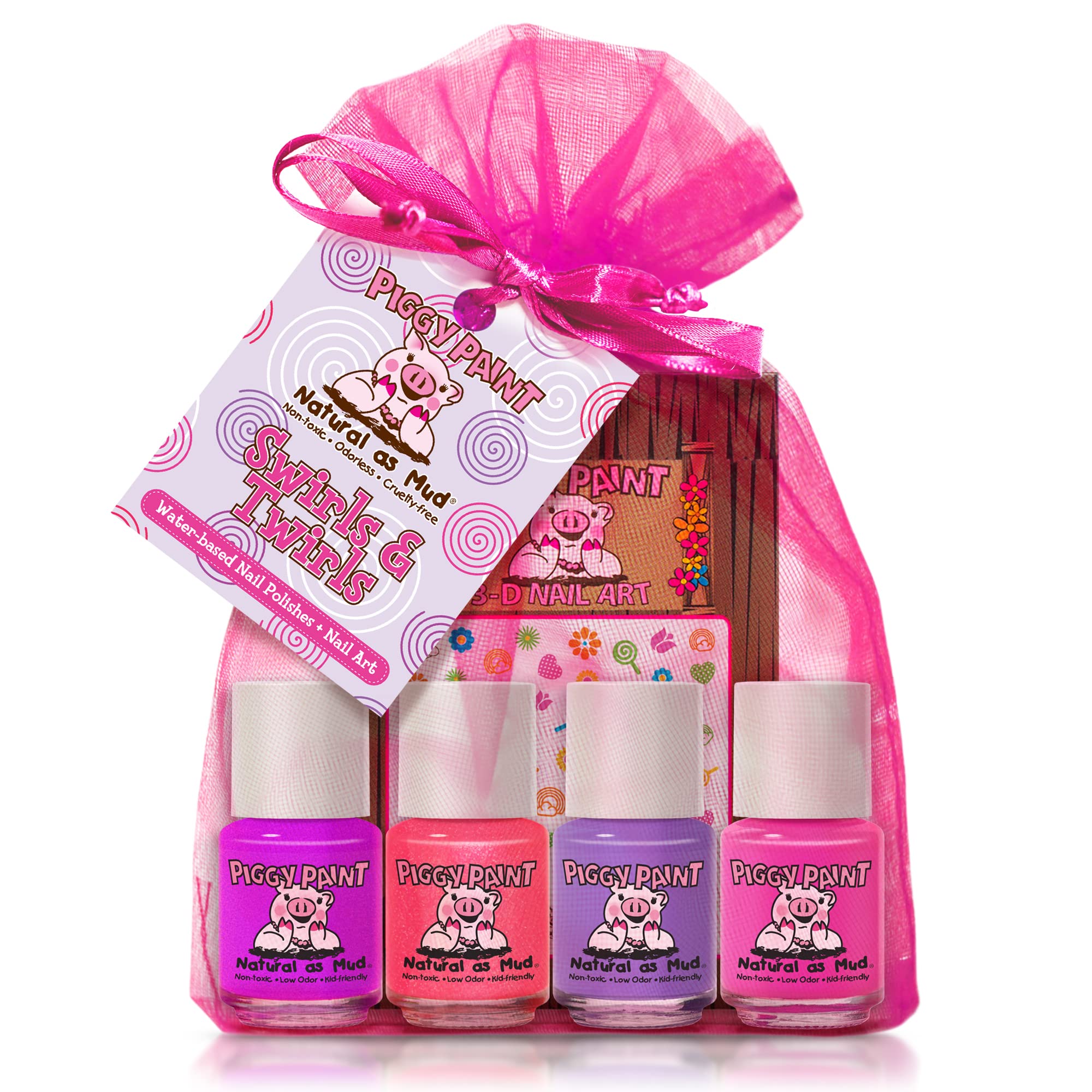 Piggy Paint | 100% Non-Toxic Girls Nail Polish | Safe, Cruelty-free, Vegan, & Low Odor for Kids | Swirls & Twirls (4 Polish + Nail Art Gift Set)