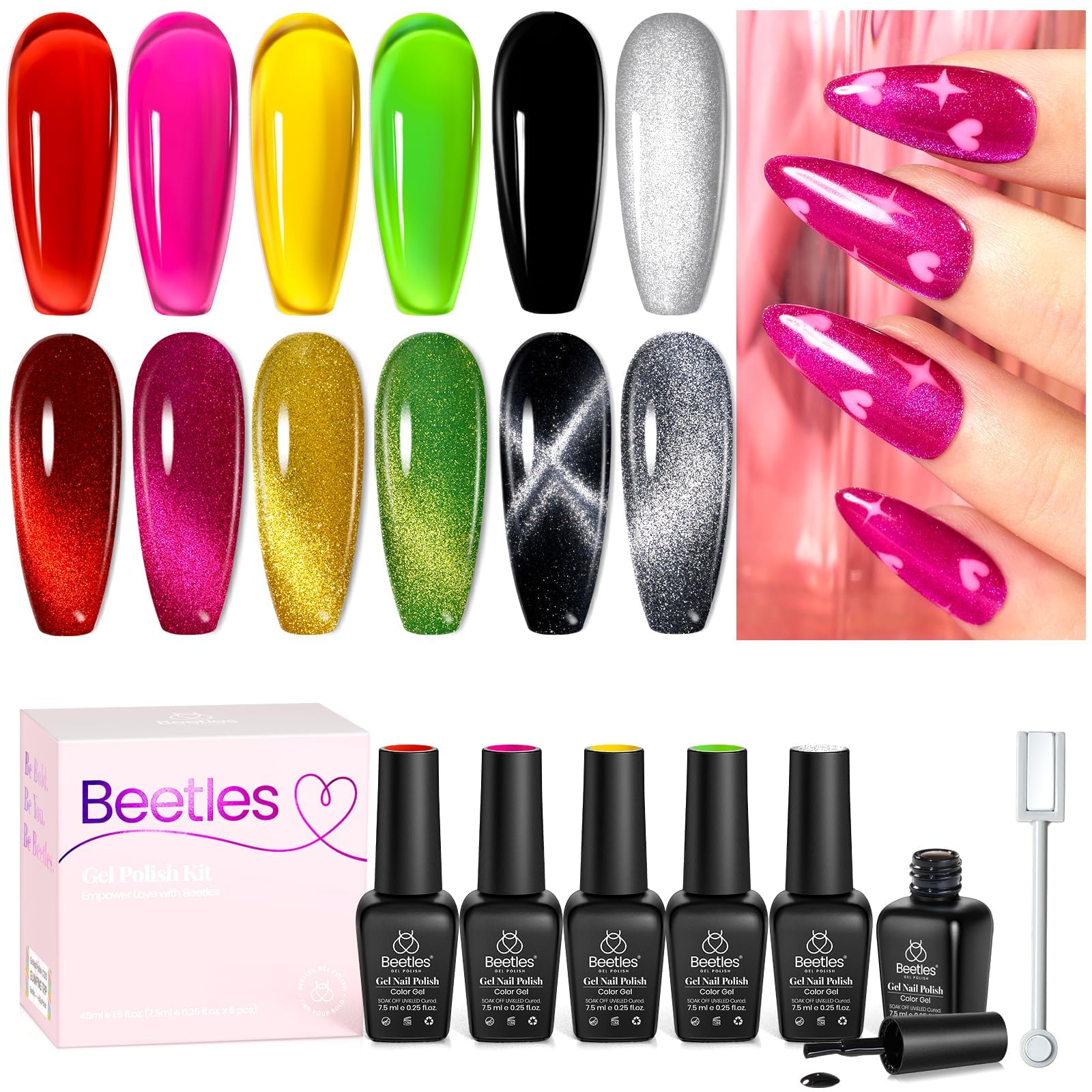 beetles Cat Eye Gel Nail Polish 6 Colors Holographic Glitter Gel Polish Set with Magnet Translucent Hot Pink Yellow Black Uv Gel Nail Polish Home DIY Manicure Nail Salon Valentine's Day Gift
