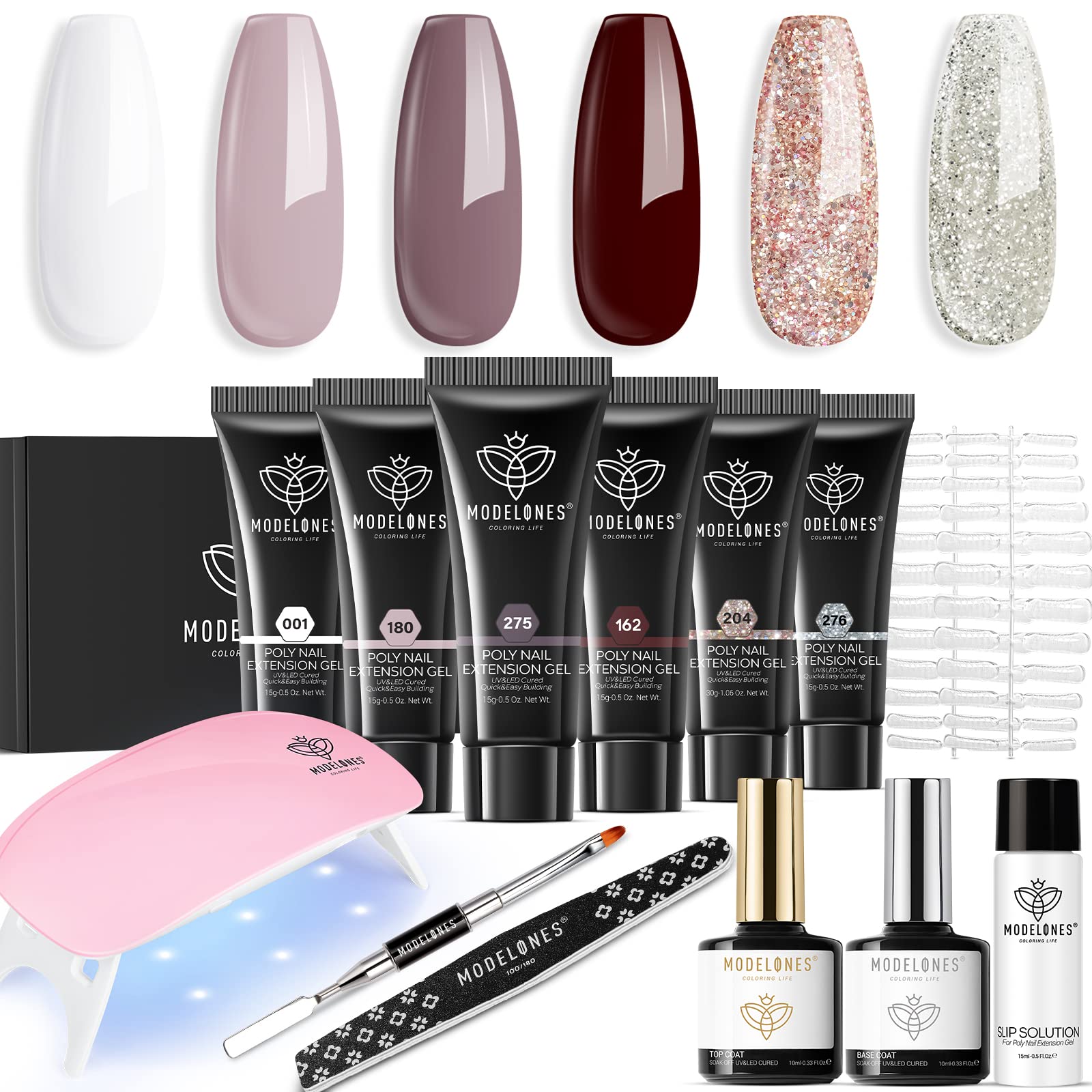 Modelones Poly Gel Nail Kit with Nail Lamp Starter Kit – 6 Colors Burgundy Red Brown Gold Builder Nail Extension Gel All in One Kit DIY at Home Women Gifts