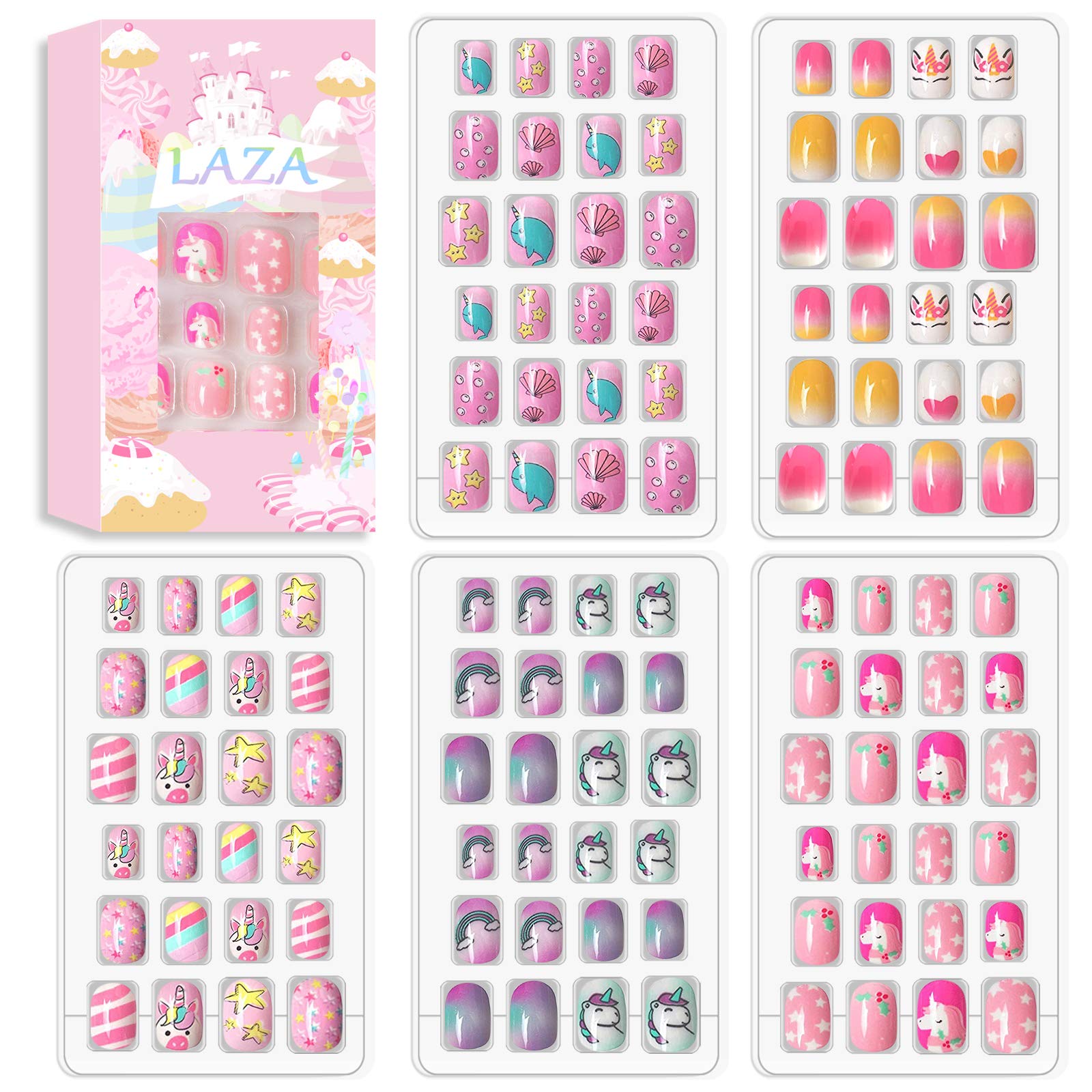 Laza 120pcs Children Nails Press On Pre-glue Full Cover Glitter Gradient Color Rainbow Sparkling Star Unicorn Shell Short False Nail Kits for Kids Teenager Girls - Legend of Unicorn