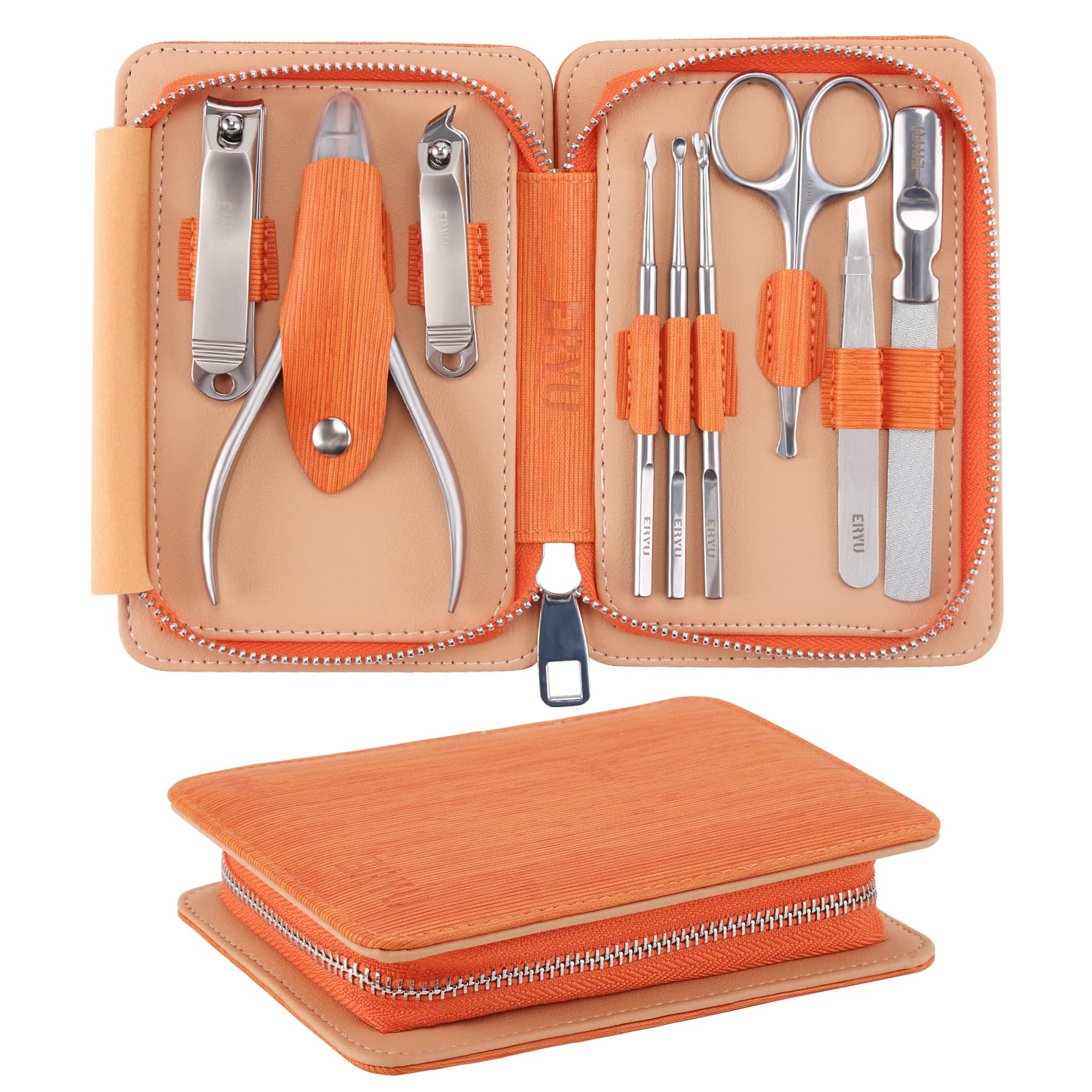 Eryu 9 in 1 Manicure Set Professional, Stainless Steel Fingernail and Toenail Clippers Set with Leather Portable Travel Case, Gifts for Adult/Seniors/Men/Women, Travel Essentials - Mom & Dad Gifts