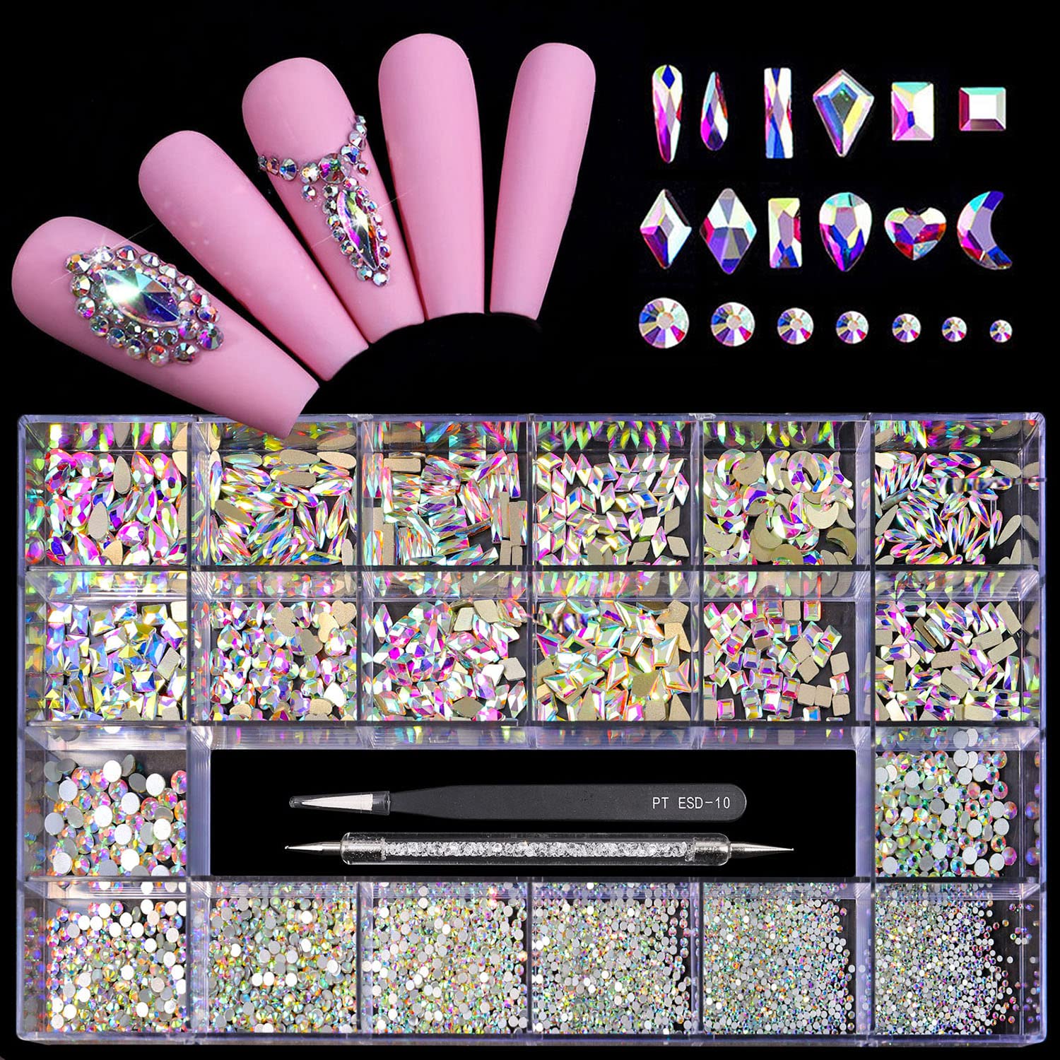 Yzzseven 12 Types of 600 Special-Shaped Diamonds + 2500 Flat-Bottomed Rhinestones Mix 20 Styles Flatback Rhinestone Crystals 3D Decorations Flat Back Stones Gems Set +Tweezers + Drill Pen