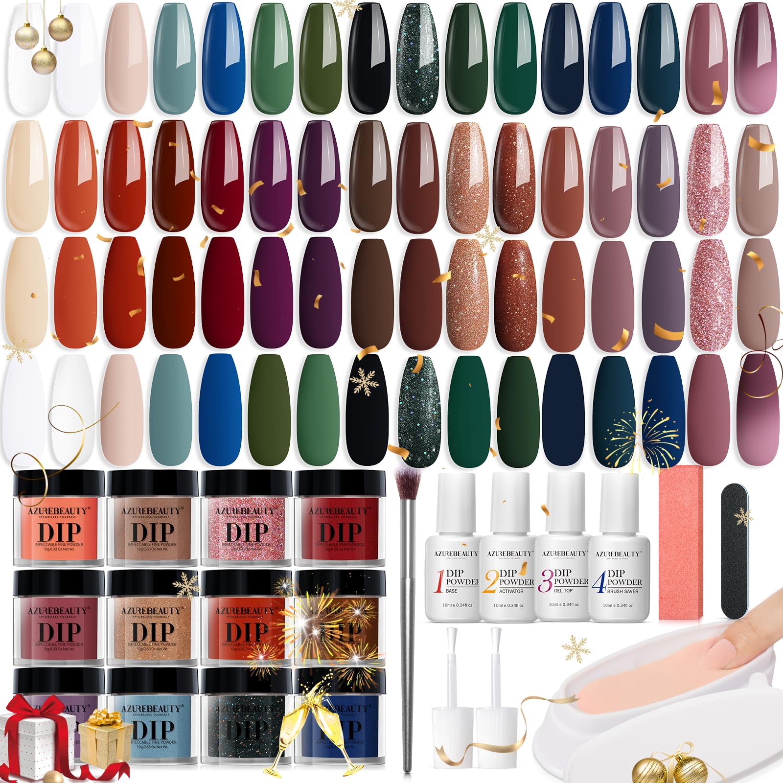 AZUREBEAUTY 42Pcs Dip Powder Nail Kit Starter, 32 Colors New Year Set Nude Brown Green Blue Acrylic Dipping Powder Set with Top/Base Coat Activator & Recycling Tray for French Art Manicure Salon Gift