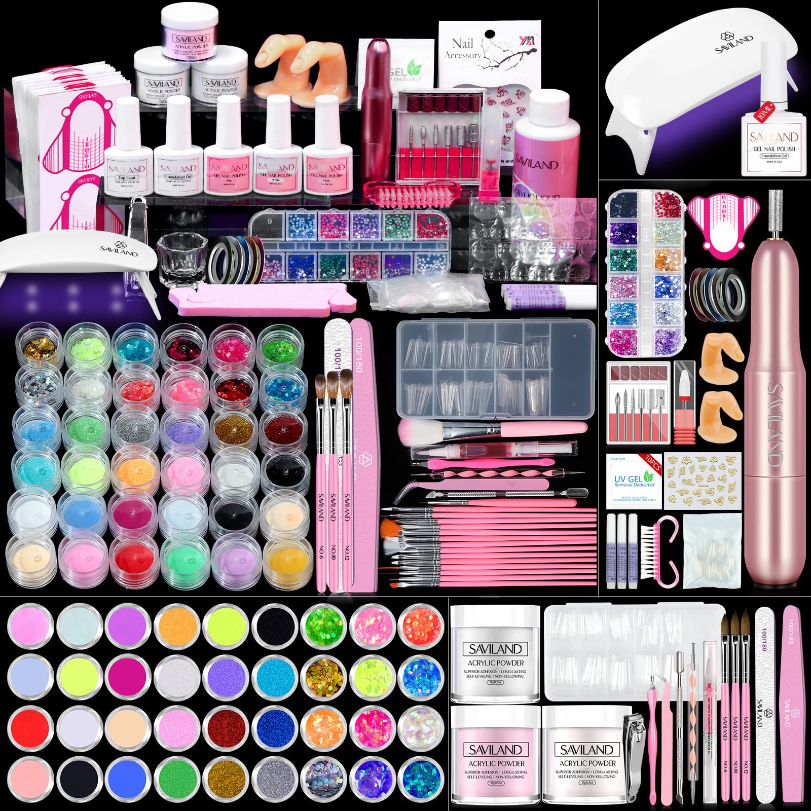 Saviland Professional Acrylic Nail Kit: Complete All-In-One Nails Kit Acrylic Set Acrylic Nail Brush Gel Nail Polish Portable UV Light Electric Nail Drill For Starters Home Use
