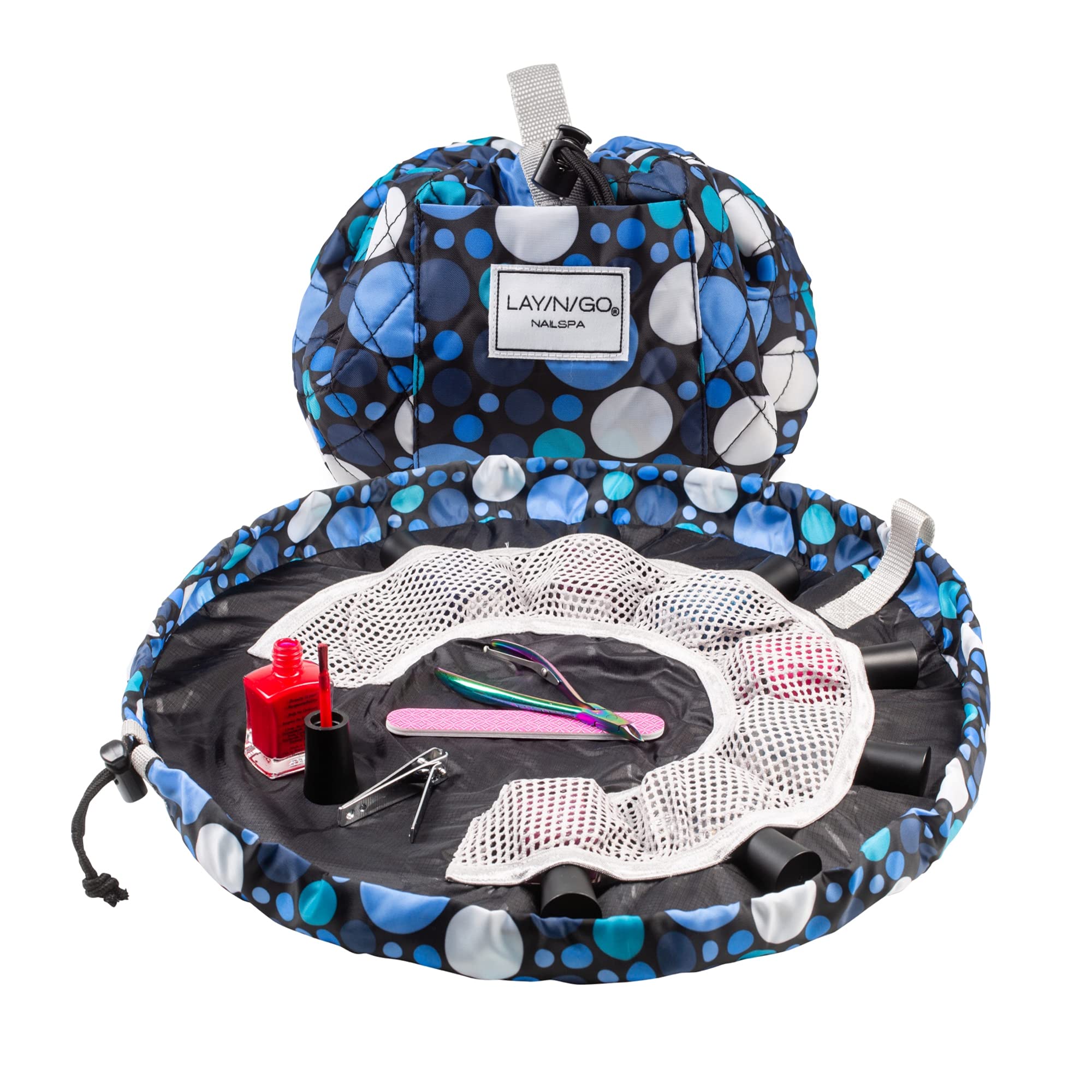 Lay-n-Go Nail Spa Drawstring Cosmetic Acrylic Nail Polish Holder, Organizer & Toiletry Bag for Travel, and Daily Use with a Durable Patented Design, 18 inch, Dot Calm (Blue)