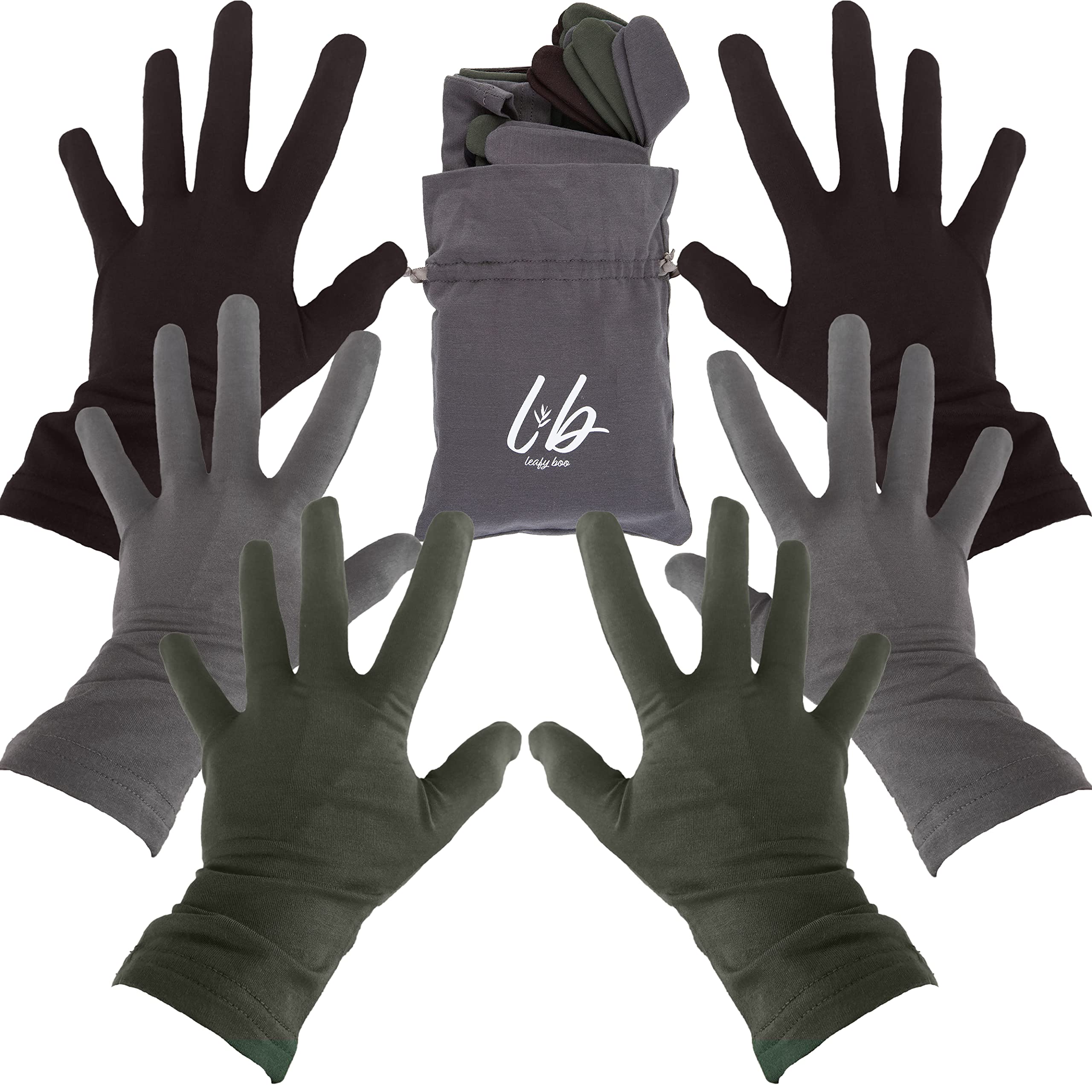 Leafy Boo Bamboo Gloves for Eczema, Medium, Women and Men, Dry Hands, Overnight Moisturizing Gloves, 3 Pairs