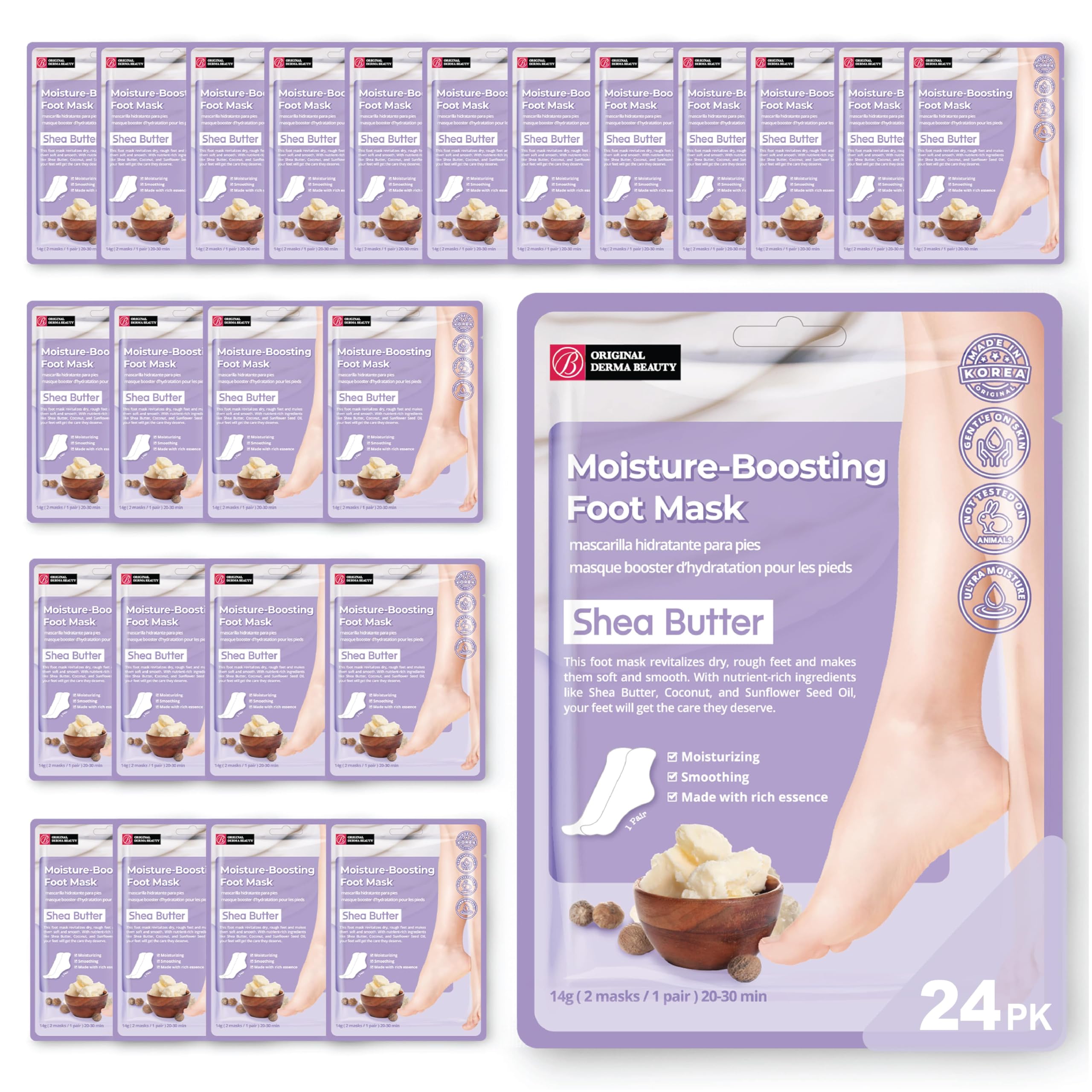 Original Derma Beauty Foot Mask 24 Pairs Moisture-Boosting Shea Butter Moisturizing Foot Mask Set Body Exfoliator Callus Remover Foot Masks Foot Bath Pedicure Supplies for Beauty & Personal Care