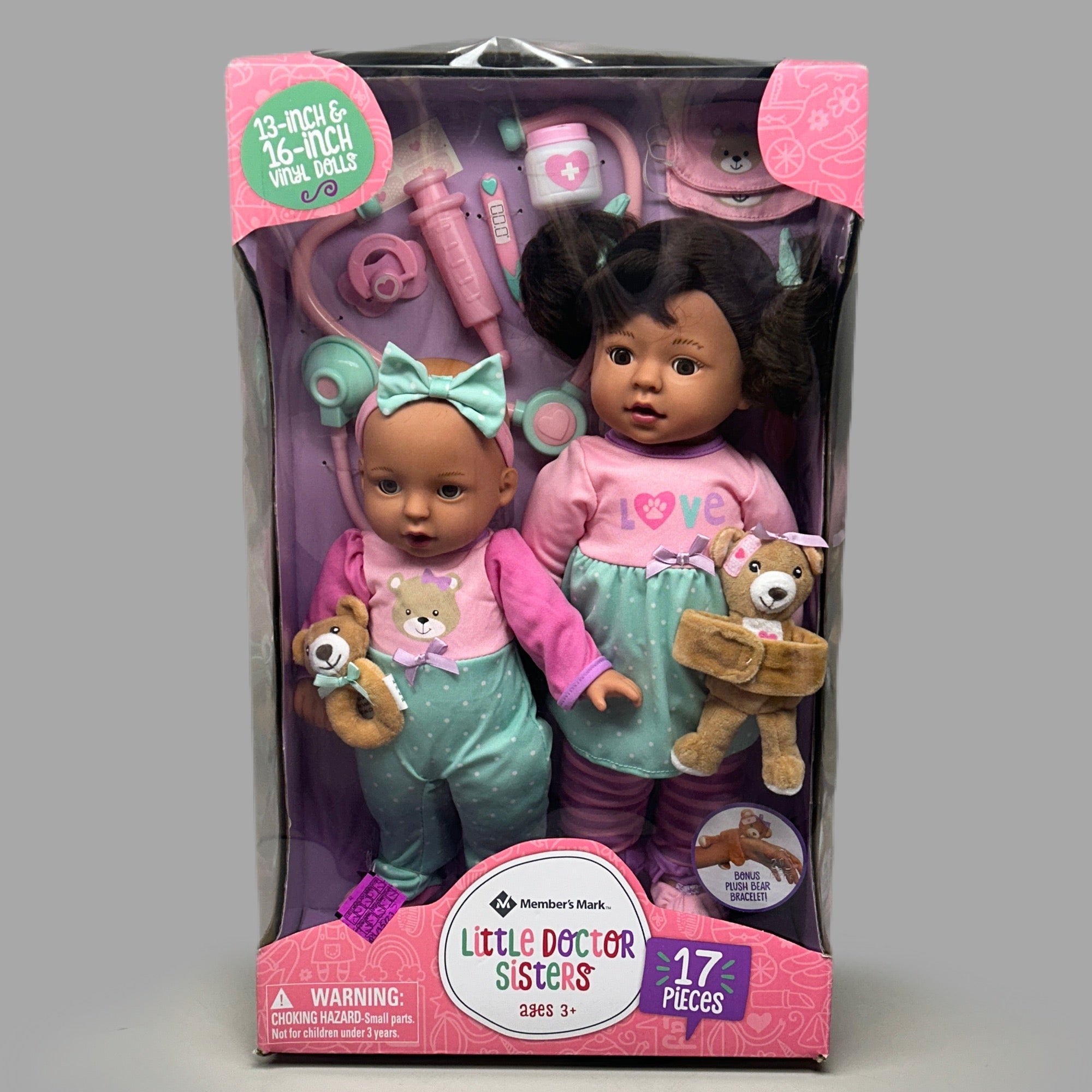 MEMBER'S MARK Little Doctor Sisters 13" and 16" Vinyl Dolls 17 Pieces (AS-IS)