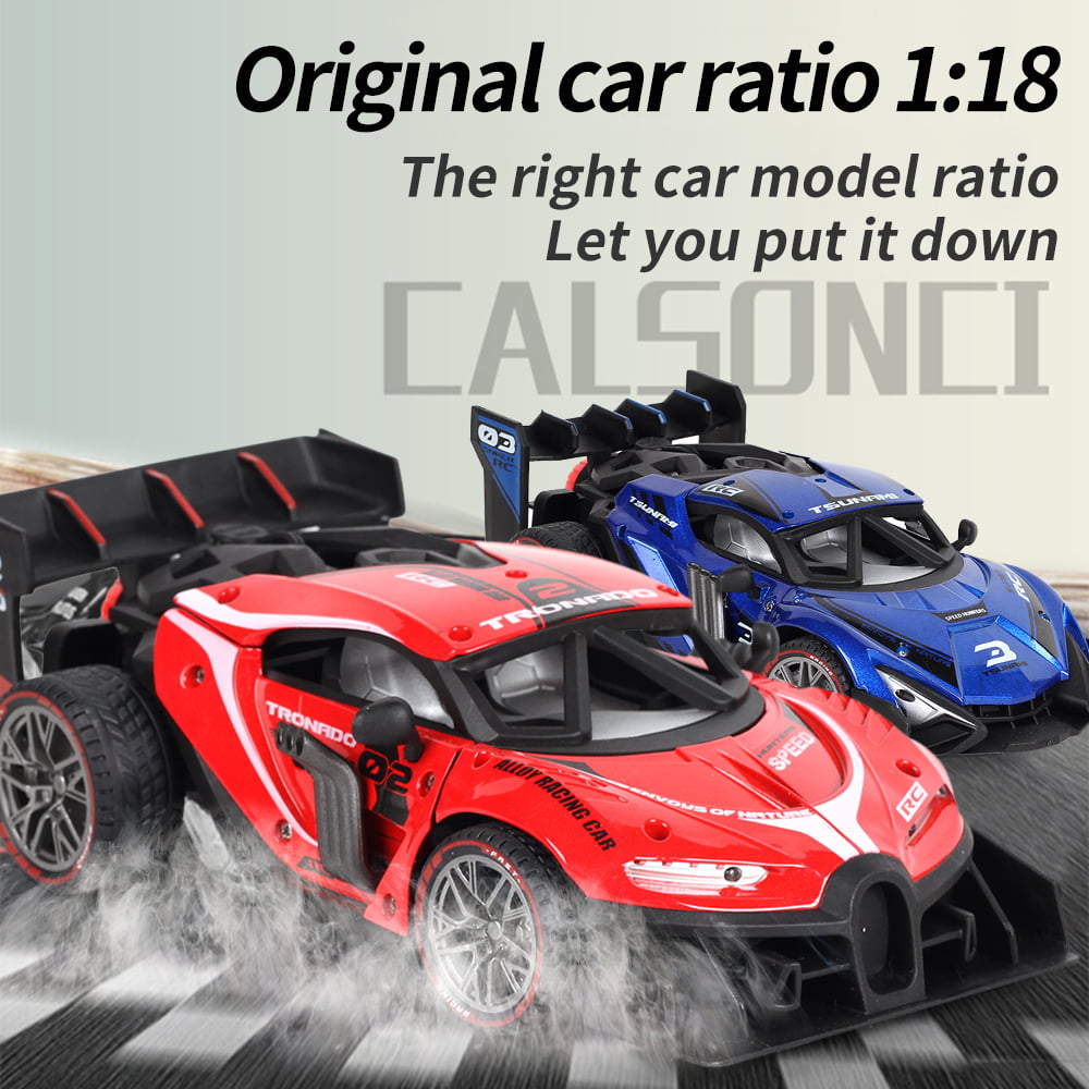 2 Pack Alloy Remote Control Car, 1/18 Scale 2.4g Mhz High-speed Racing Drift Stunt Car, Top Speed 20 Km/h, Waterproof,with Two Rechargeable Batteries and Atomization System, Excellent Xmas Gifts